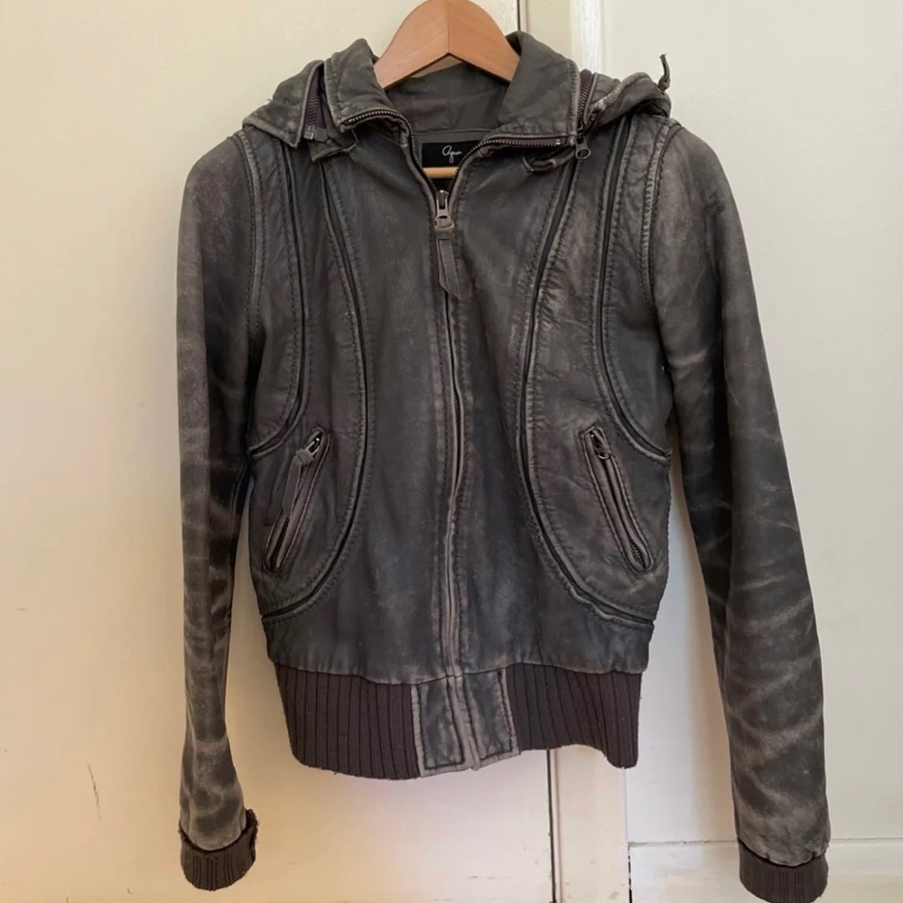 Aqua Gray Distressed Leather Hooded Jacket, Size XS